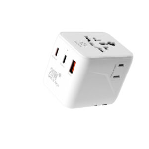 Universal Travel Adapter with 20W PD - 2 USB-C + 1 USB-A Ports, International Plug (US/EU/UK/AU), White, Compact Folding Design