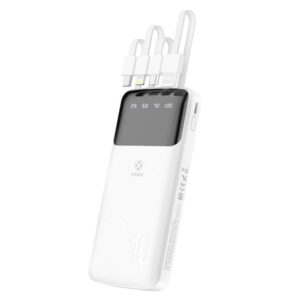 MX0134 Power Bank 10000mAh with 4 Cables - Universal 5V/2A Output, 4 Built-in Cables (Type C/Lightning/Micro/Android), Compact ABS+PC White